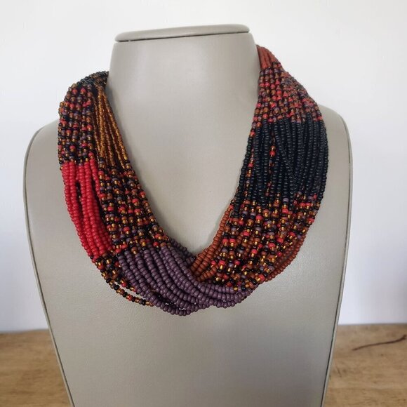 South African Hand Woven Hand Beaded Multistrand Chunky Beaded Twist Necklace - Picture 3 of 12